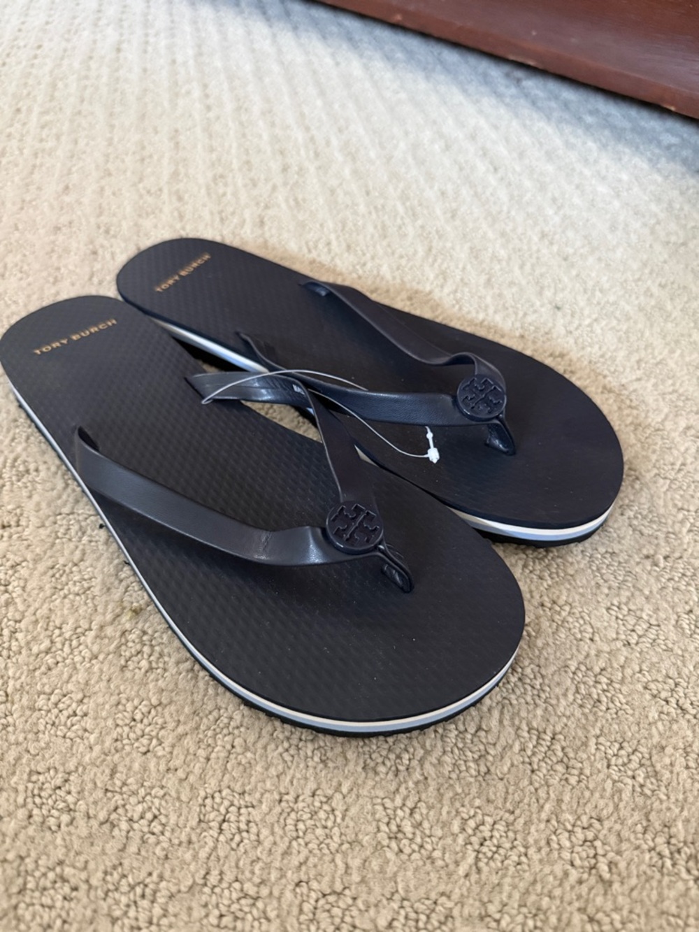 Tory Burch Navy Logo Flip Sandals with White Trim